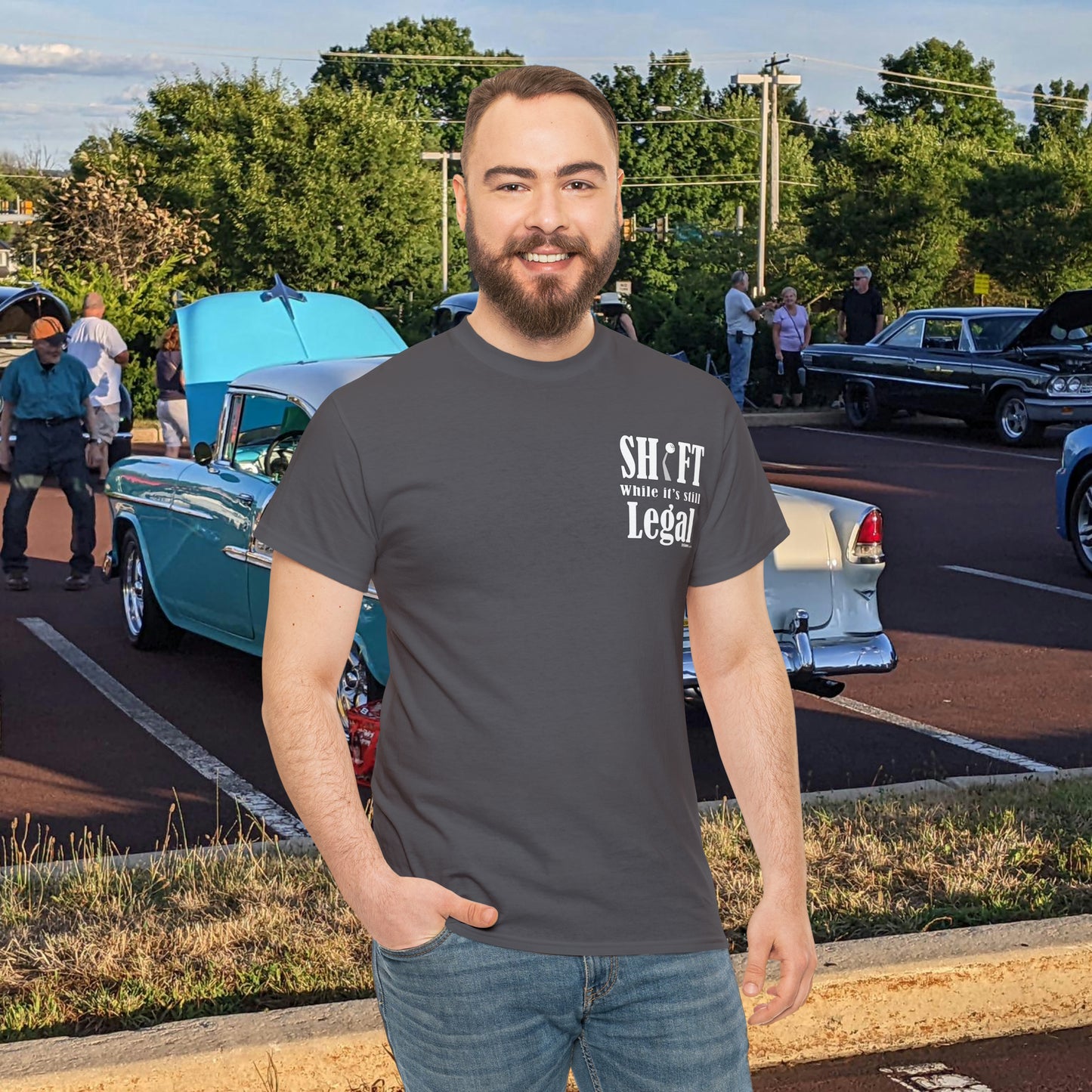 56 Chevy Shift while still legal - 2 sides - Unisex Heavy Cotton Tee