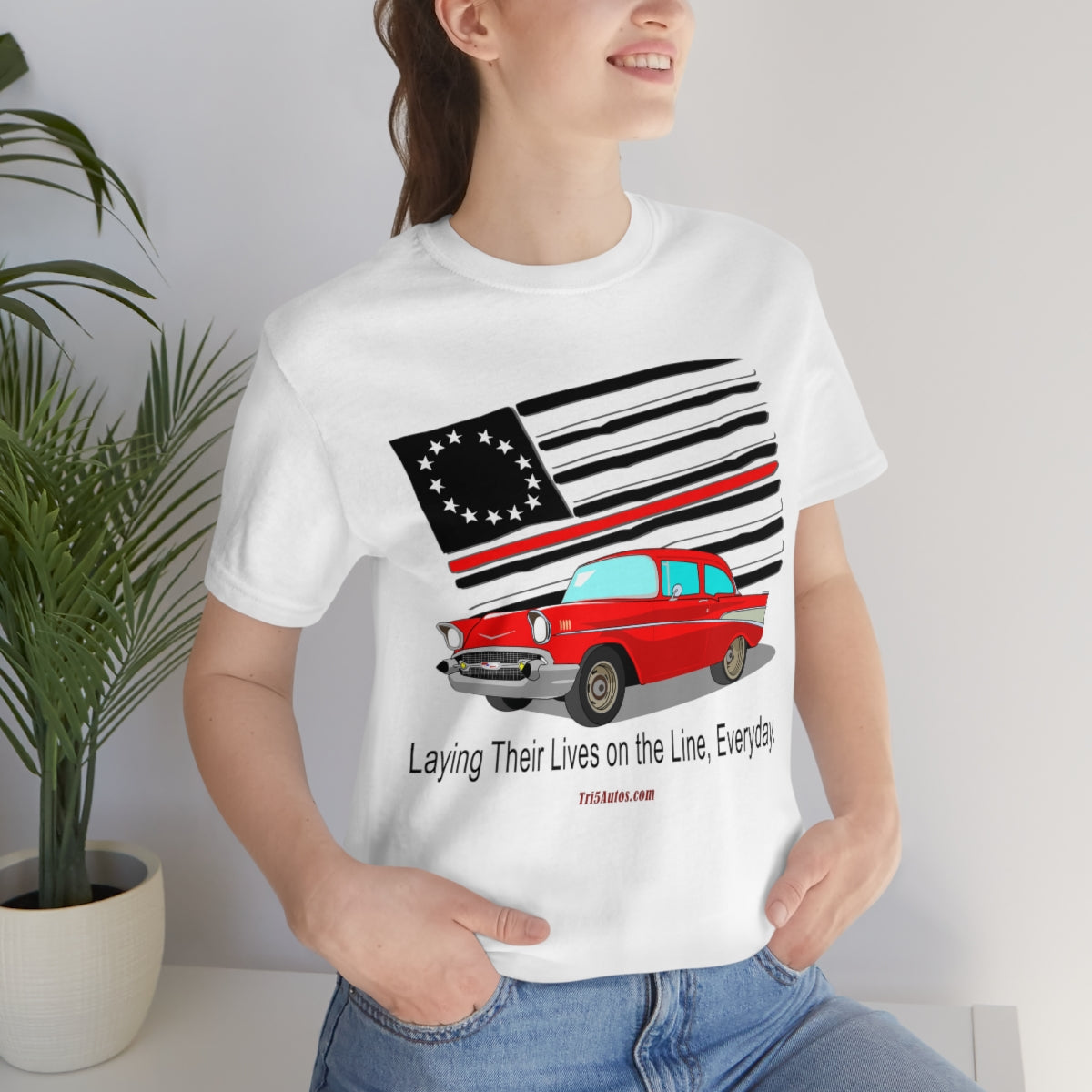 '57 Red Fire Fighter Thin Red Line - Tri5Autos T - Unisex Jersey Short Sleeve Tee