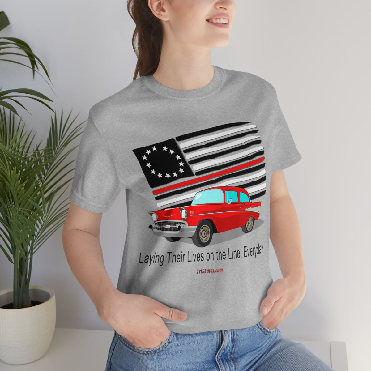 '57 Red Fire Fighter Thin Red Line - Tri5Autos T - Unisex Jersey Short Sleeve Tee