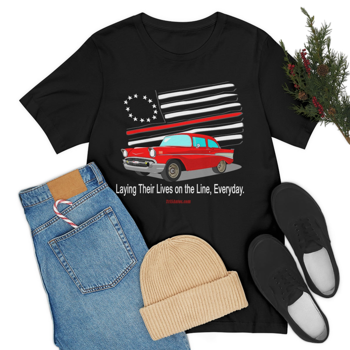 '57 Red Fire Fighter Thin Red Line - Tri5Autos T - Unisex Jersey Short Sleeve Tee