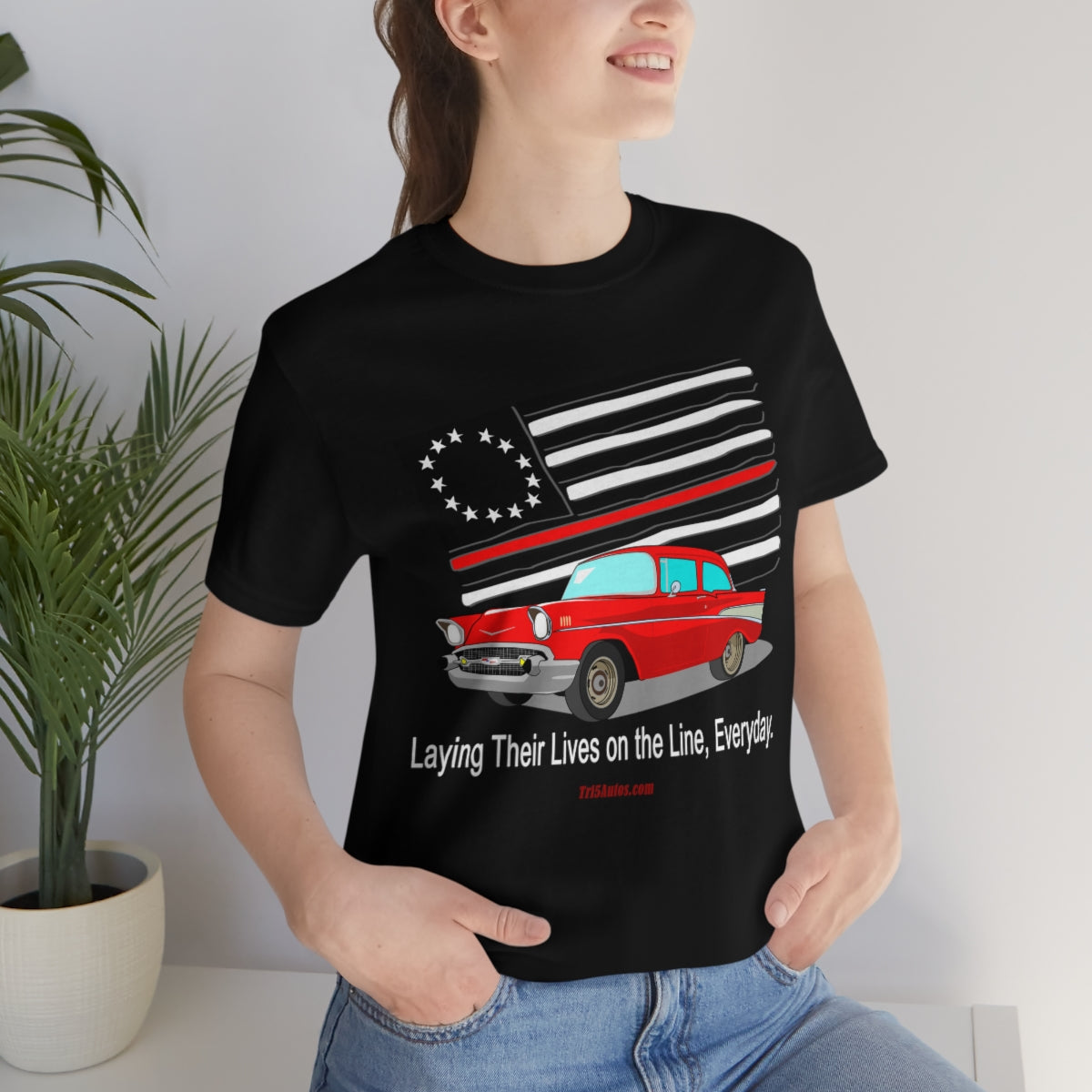 '57 Red Fire Fighter Thin Red Line - Tri5Autos T - Unisex Jersey Short Sleeve Tee