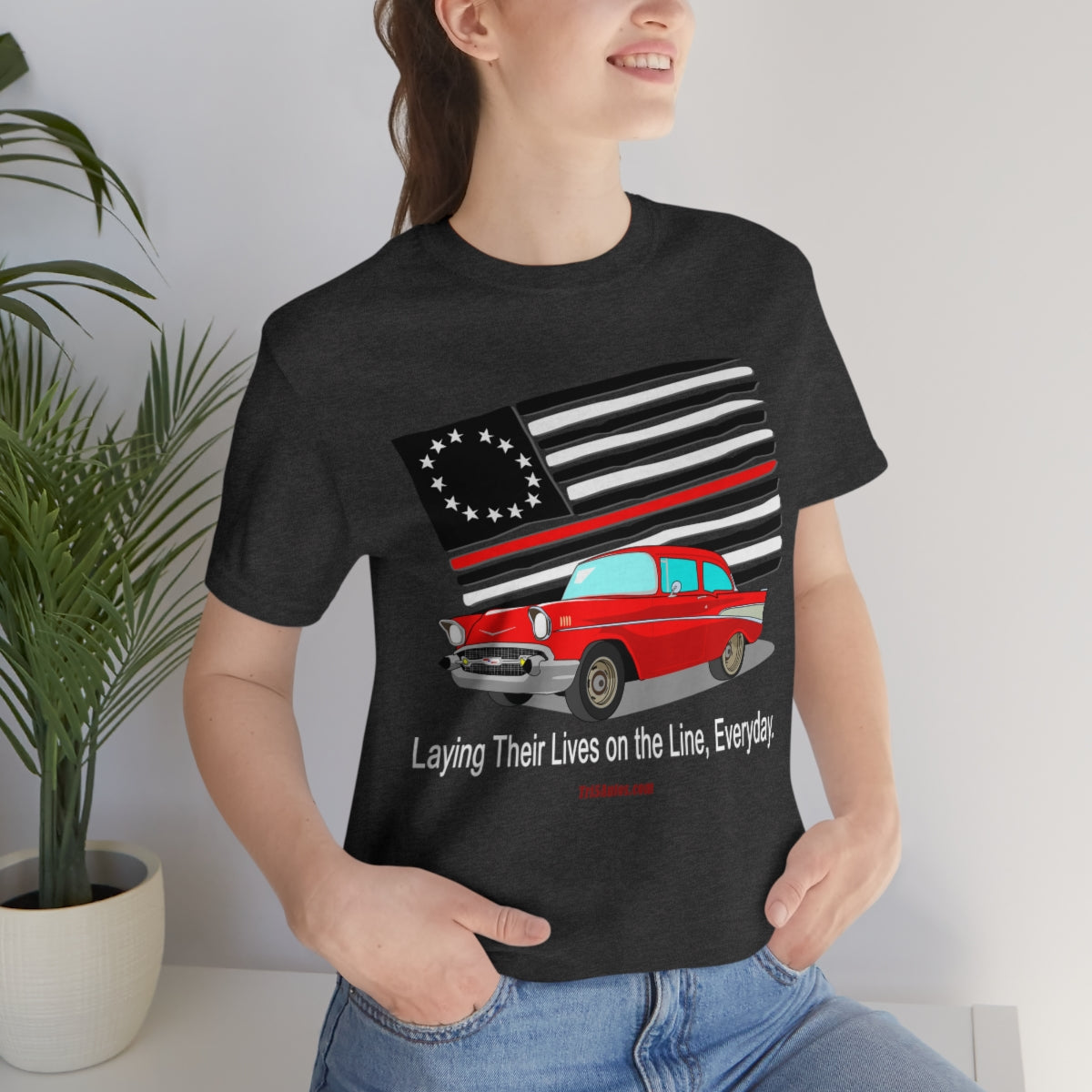 '57 Red Fire Fighter Thin Red Line - Tri5Autos T - Unisex Jersey Short Sleeve Tee