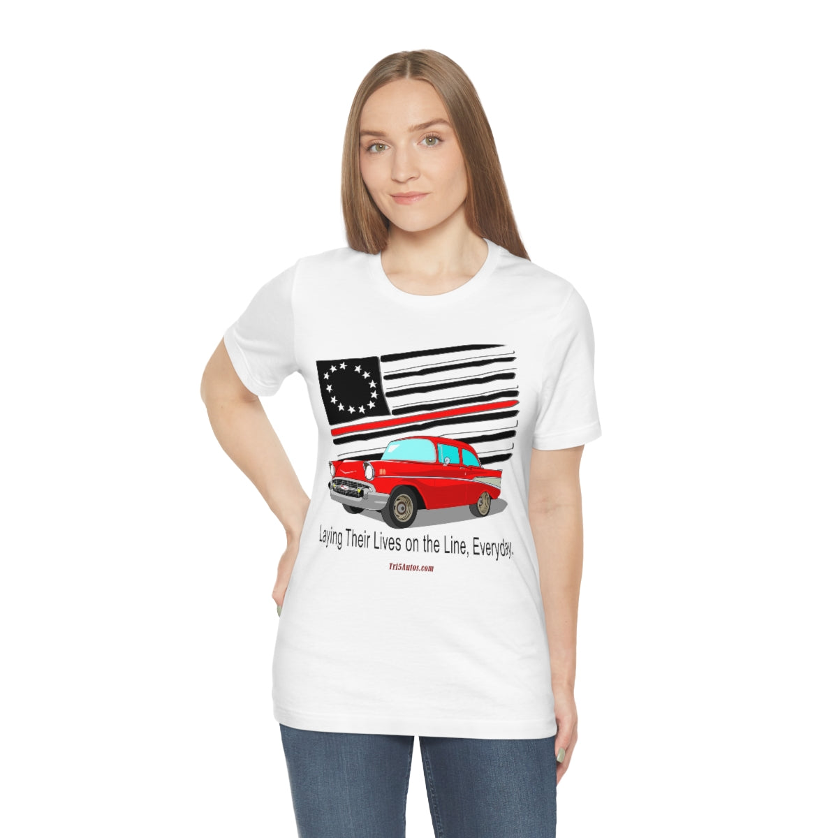 '57 Red Fire Fighter Thin Red Line - Tri5Autos T - Unisex Jersey Short Sleeve Tee