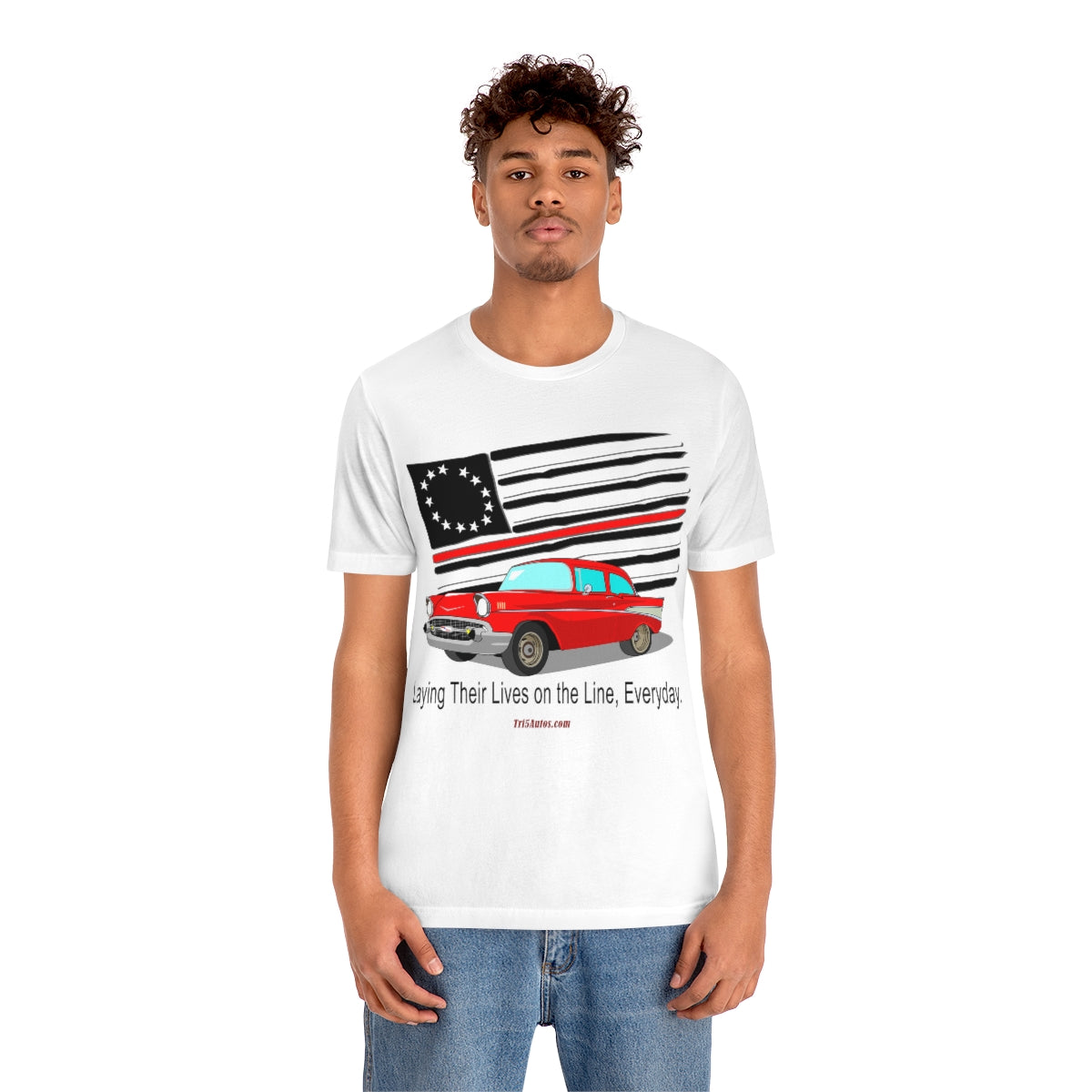 '57 Red Fire Fighter Thin Red Line - Tri5Autos T - Unisex Jersey Short Sleeve Tee