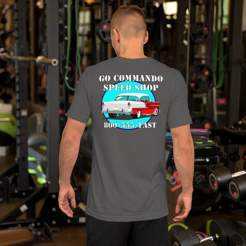 55 Speed Shop Red White Unisex t-shirt - Front and Back Image