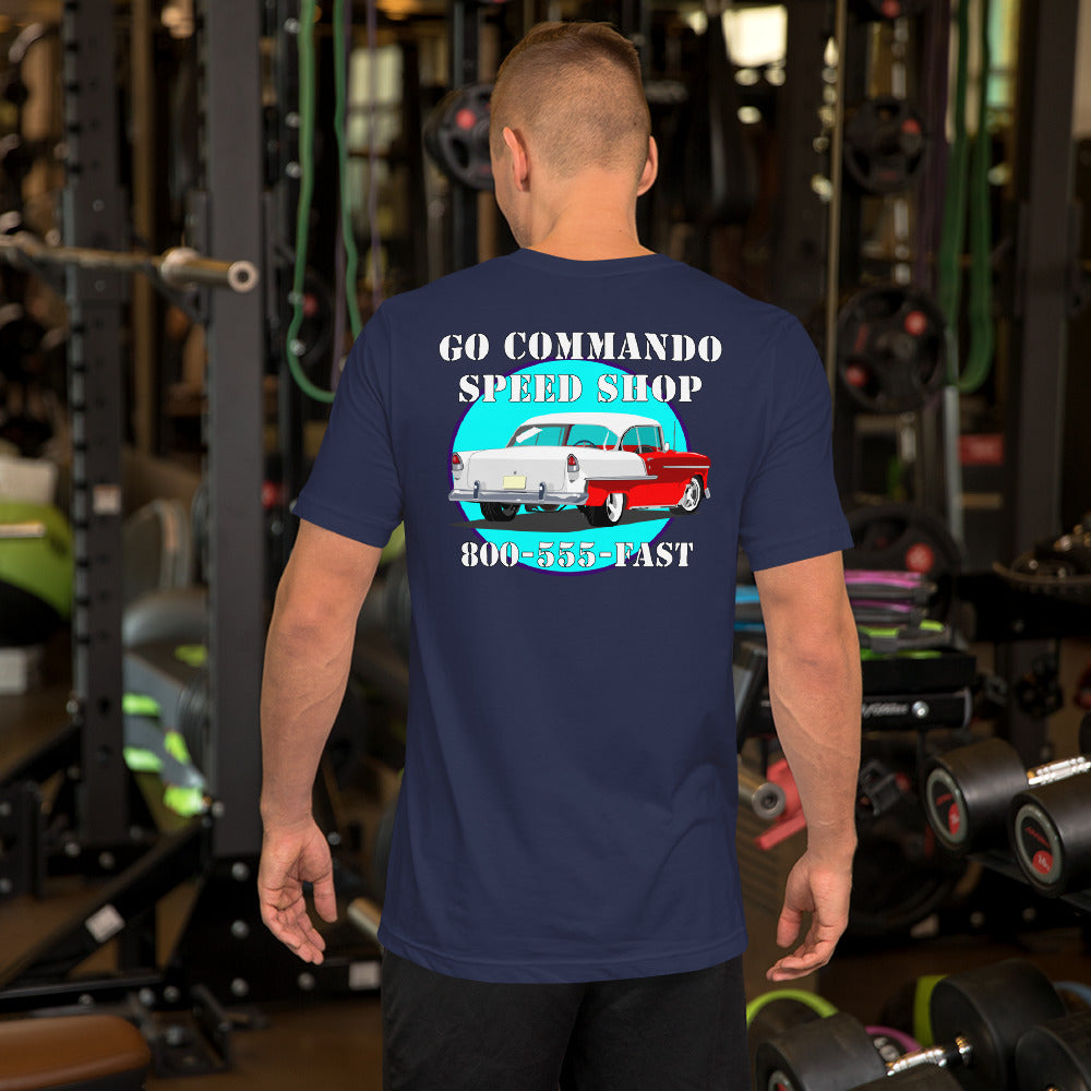 55 Speed Shop Red White Unisex t-shirt - Front and Back Image